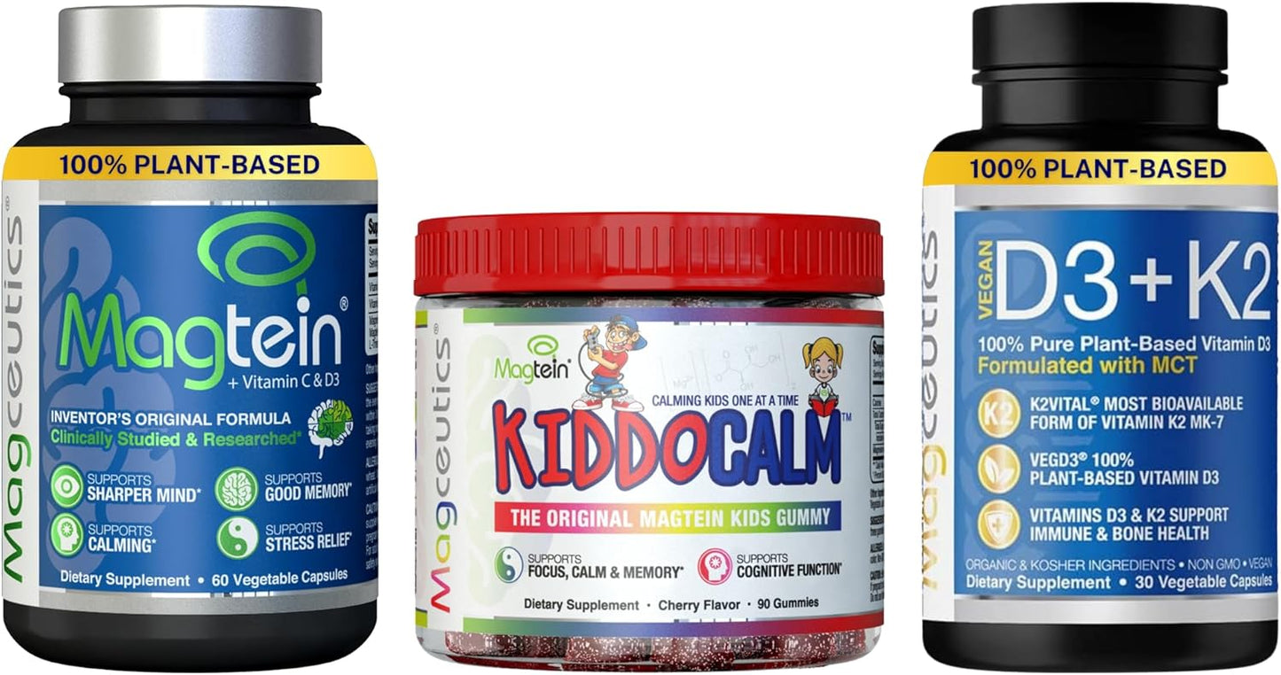 Bundle of Magtein Magnesium L-Threonate, KIDDOCALM Gummies, and Vitamin D3 K2 with MCT - 3 Essential Supplements for Kids and Adults