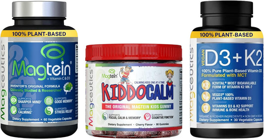 Bundle of Magtein Magnesium L-Threonate, KIDDOCALM Gummies, and Vitamin D3 K2 with MCT - 3 Essential Supplements for Kids and Adults