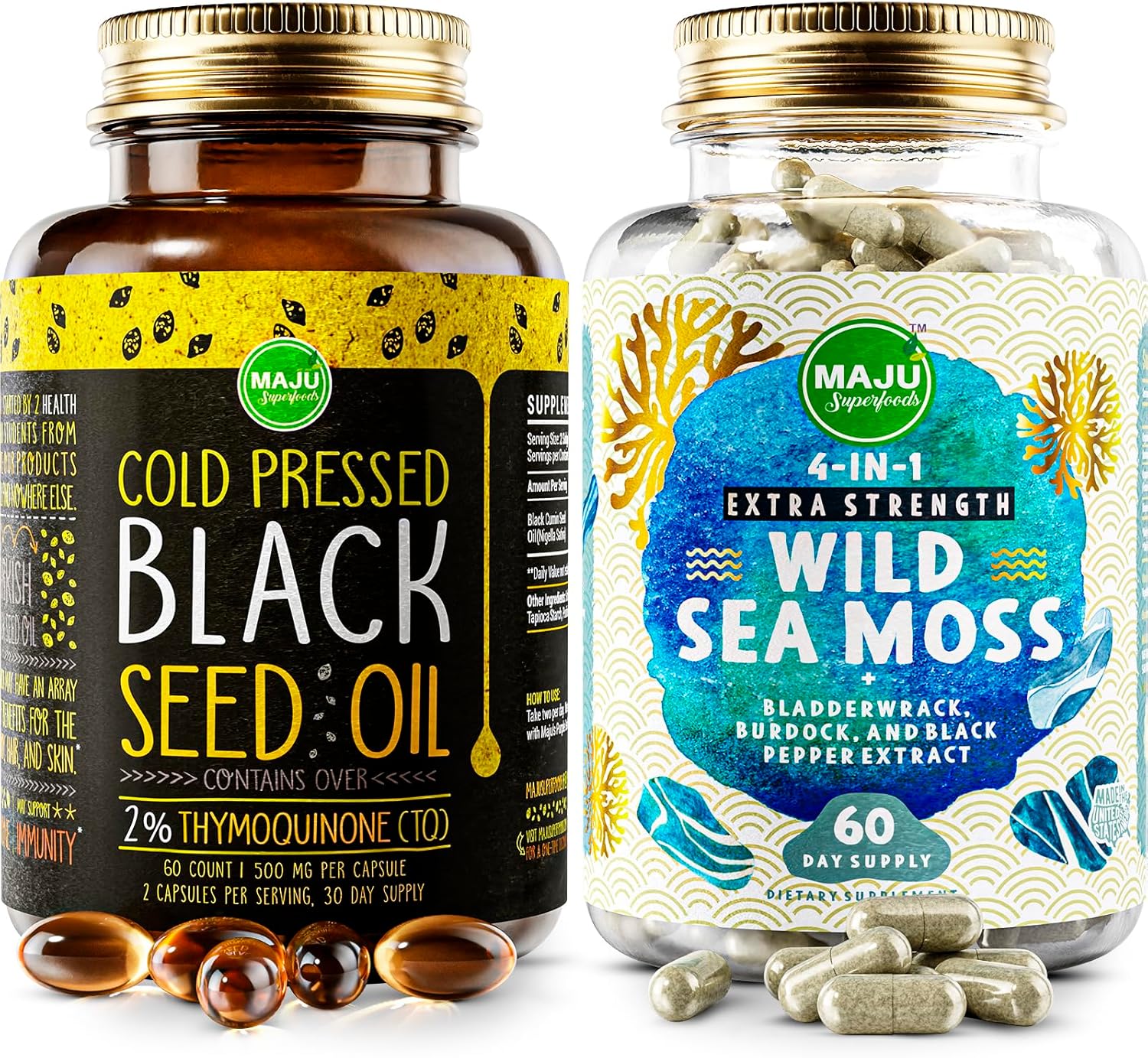 Bundle of Maju Superfoods Sea Moss and Black Seed Oil Capsules - 4-in-1 Immune Support Formula