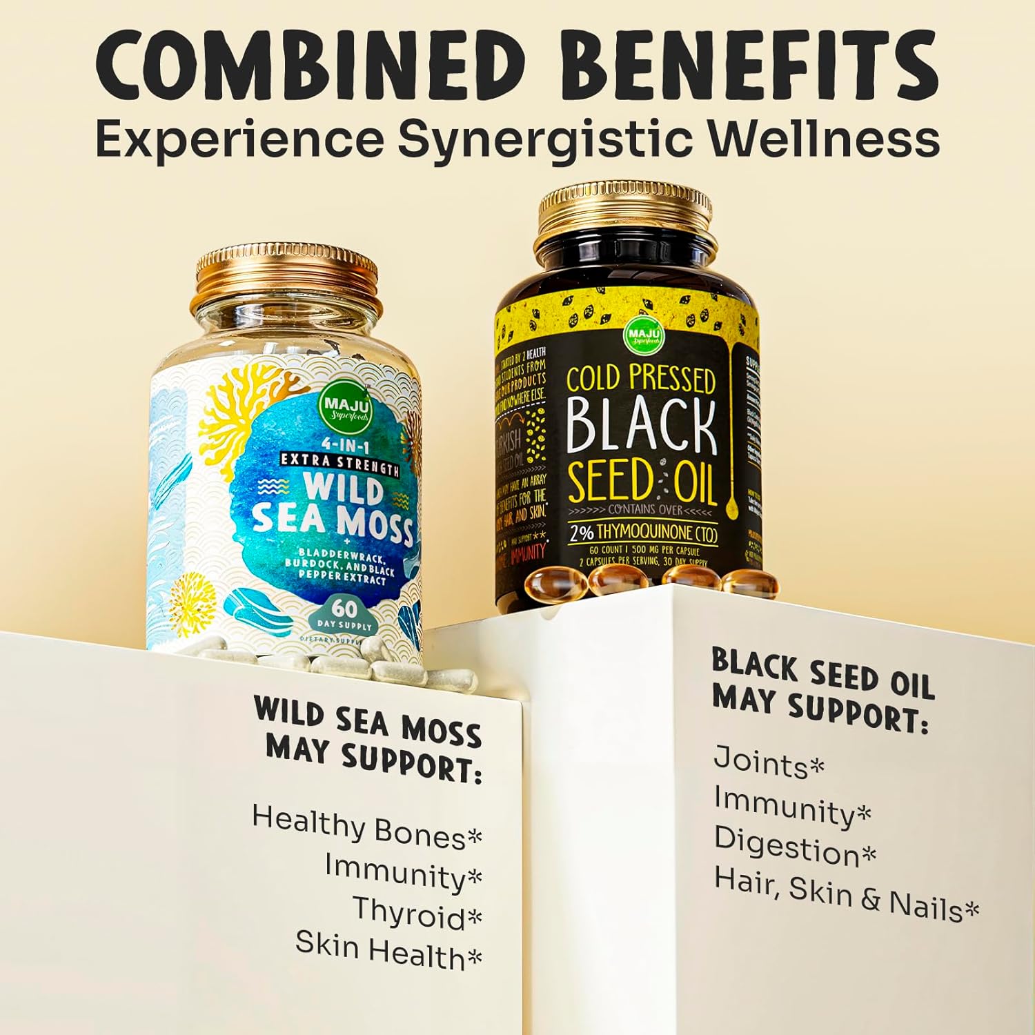 Bundle of Maju Superfoods Sea Moss and Black Seed Oil Capsules - 4-in-1 Immune Support Formula