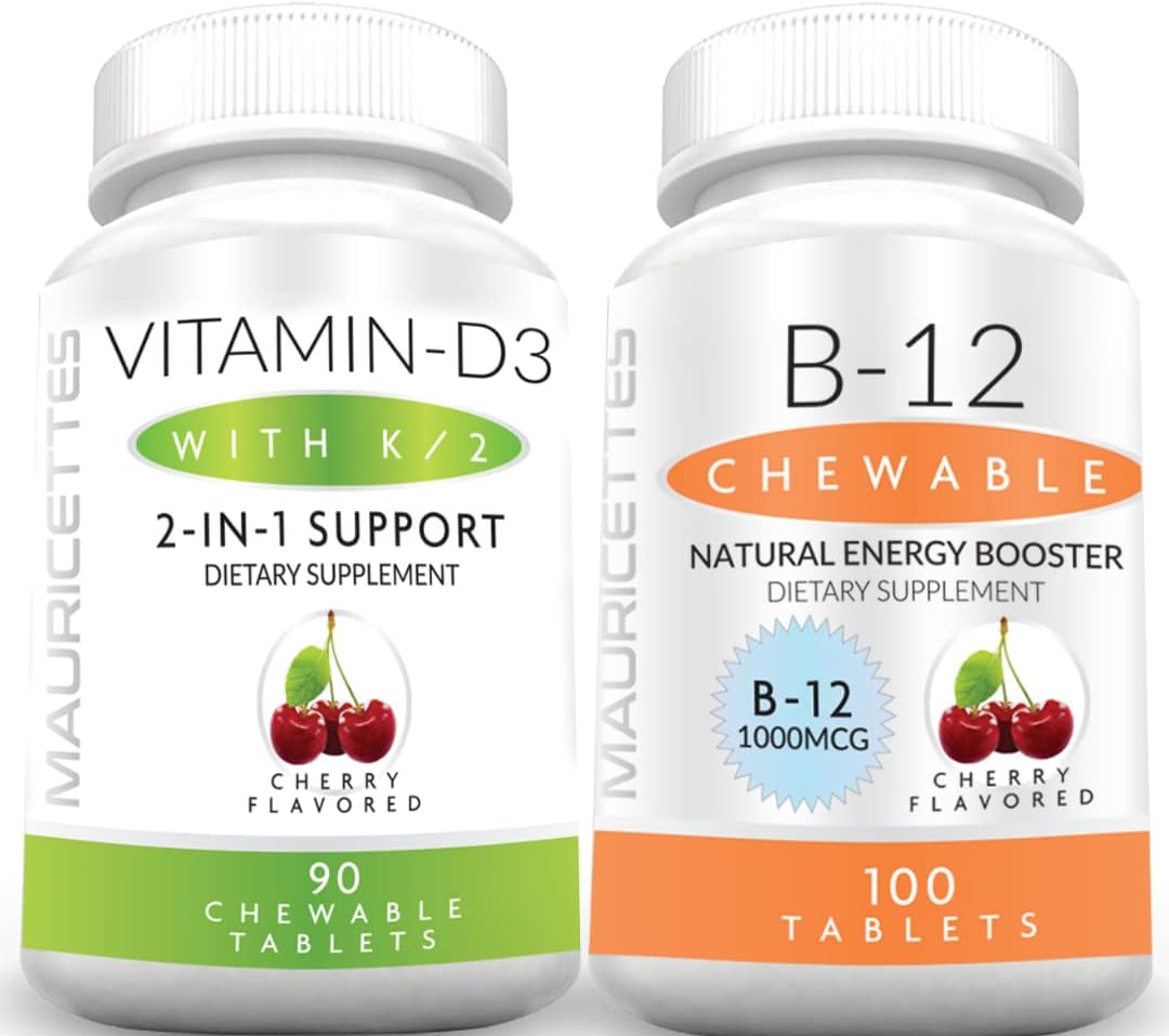 Bundle of Mauricettes Chewable Vitamin D3 with K2 and Chewable Vitamin B12 1000 mcg for Energy and Immune Support