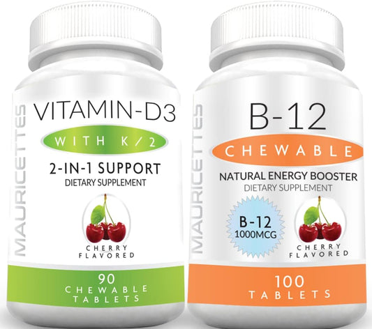 Bundle of Mauricettes Chewable Vitamin D3 with K2 and Chewable Vitamin B12 1000 mcg for Energy and Immune Support