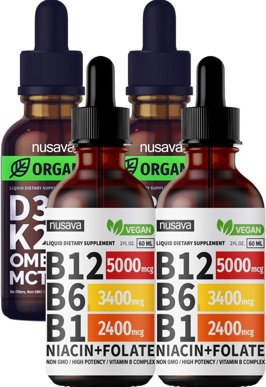 Bundle of NUSAVA Vitamin B12 and D3 K2 Liquid Drops for Heart, Joint, Energy, & Immune Support - Non-GMO, Gluten-Free - 2pk Each