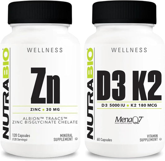 Bundle of NutraBio Zinc Chelate and Vitamin D3 K2 Mineral Supplements for Immune, Bone, and Heart Health - Supports Growth and Development