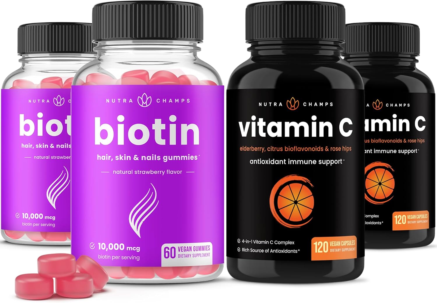Bundle of NutraChamps Biotin Gummies and Vitamin C Capsules (4 Pack)