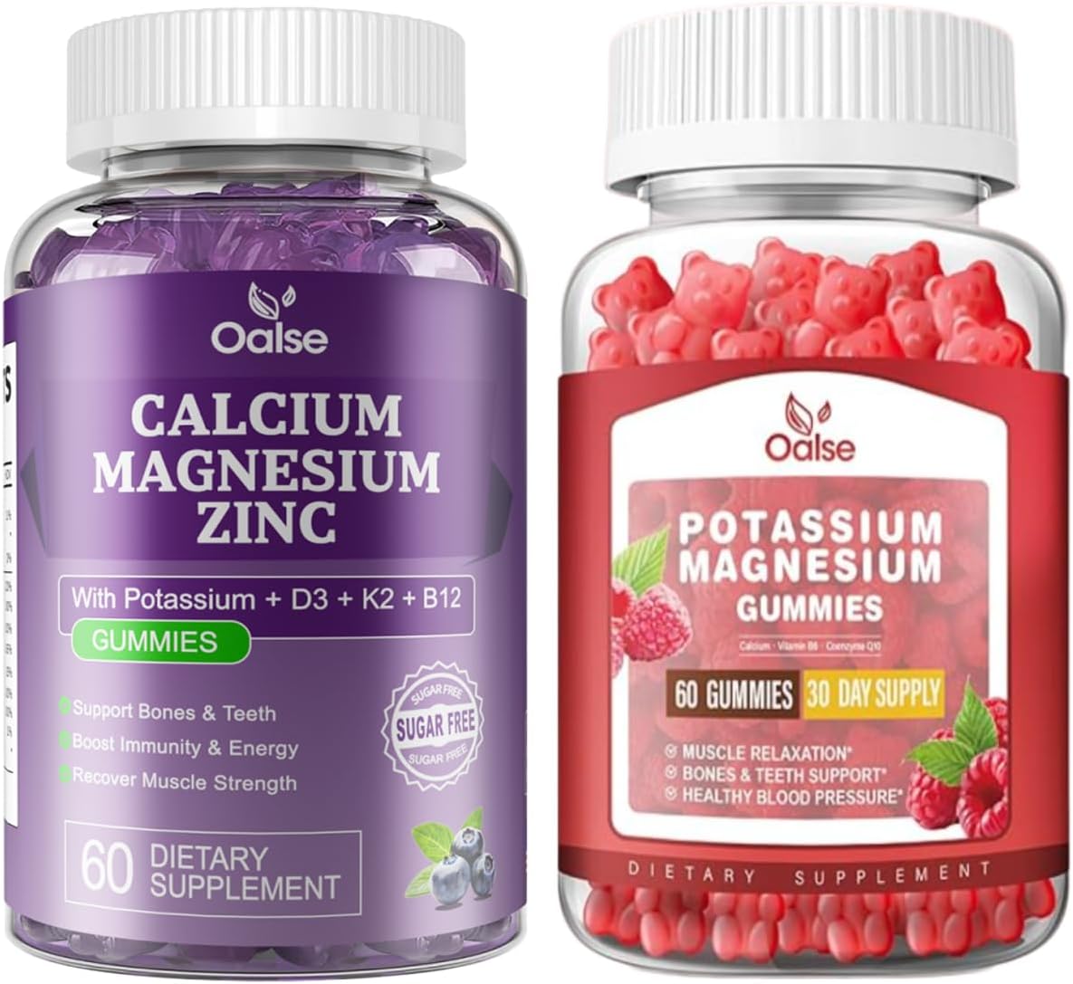 Bundle of OALSE Calcium Magnesium Zinc Gummies and Potassium Magnesium Gummies - Only 100 Gummies In Each Bottle - BoostGo Australia