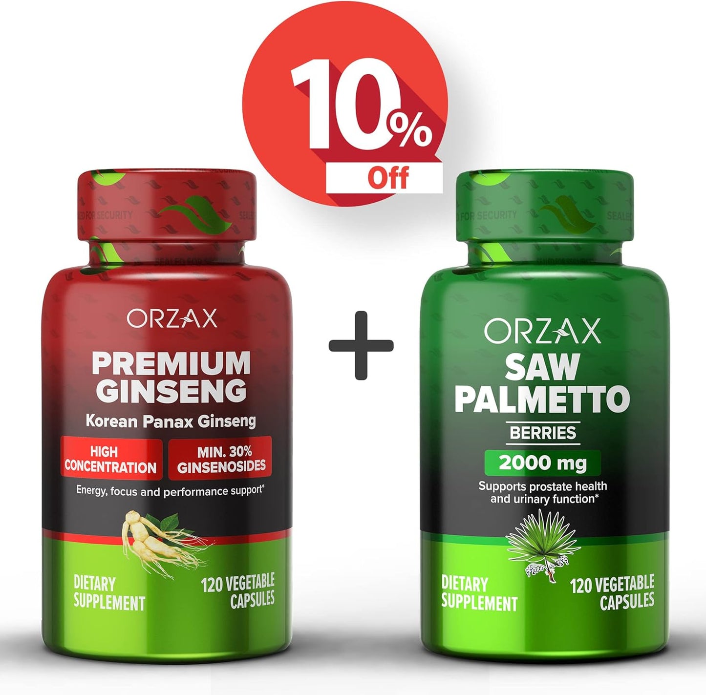 Bundle of ORZAX Ginseng Capsules with 30% Ginsenosides and Saw Palmetto Capsules 2000 mg - 120 Vegetable Capsules
