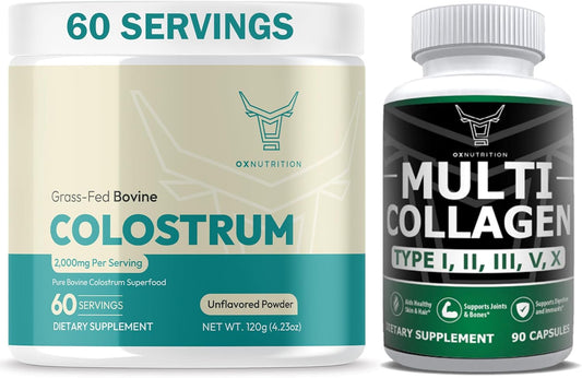 Bundle of OX OXNUTRITION Multi Collagen Capsules and Grassfed Bovine Colostrum for Joint Health and Gut Support