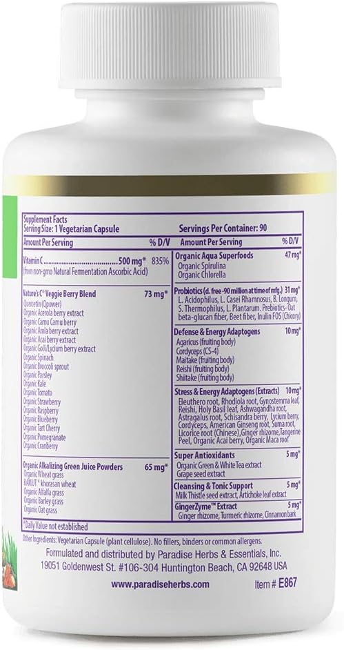 Bundle of Paradise Herbs ORAC Energy Greens, Multi-Vitamin, Imperial Adaptogen, and Vitamin C - Iron-Free Formula