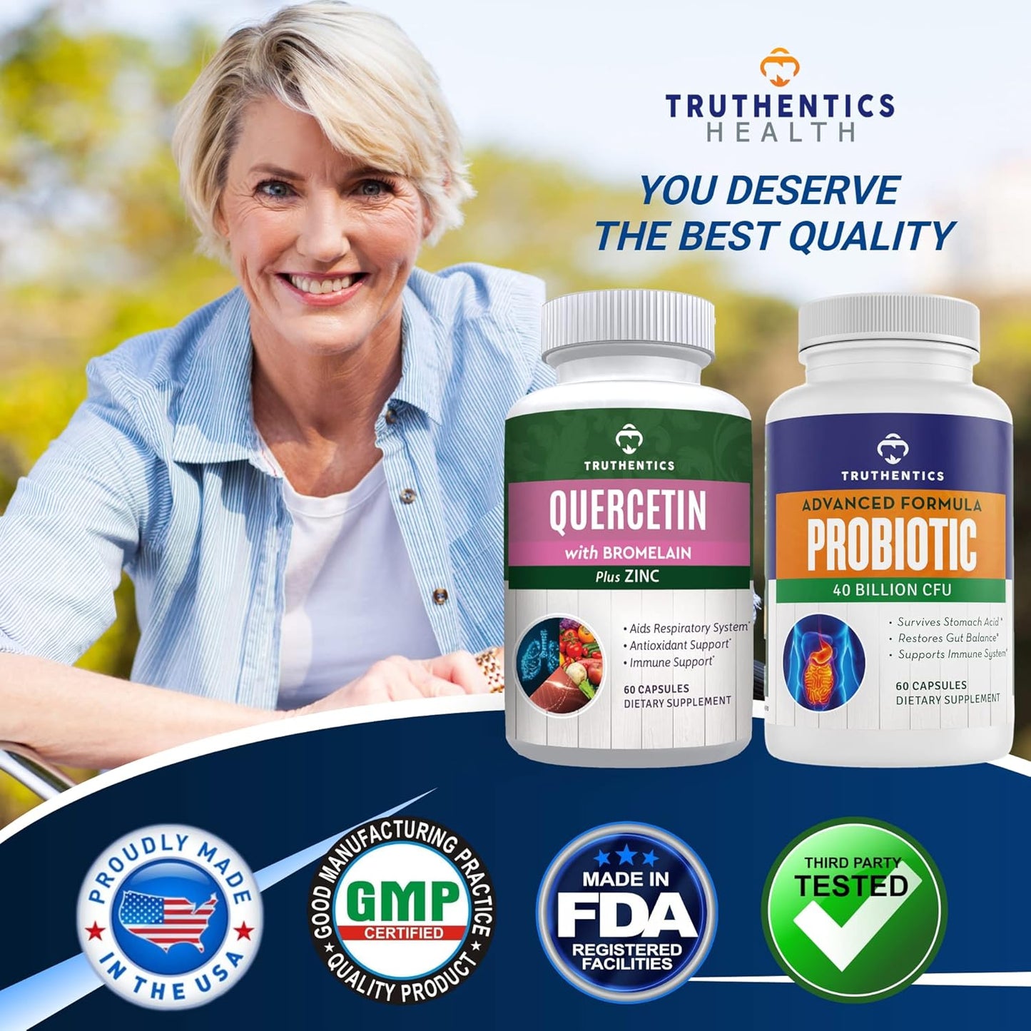 Bundle of Truthentics Quercetin, Bromelain, Zinc, and Advanced Probiotic with Prebiotics for Immune, Respiratory, and Digestive Support - Gluten Free, Non-GMO