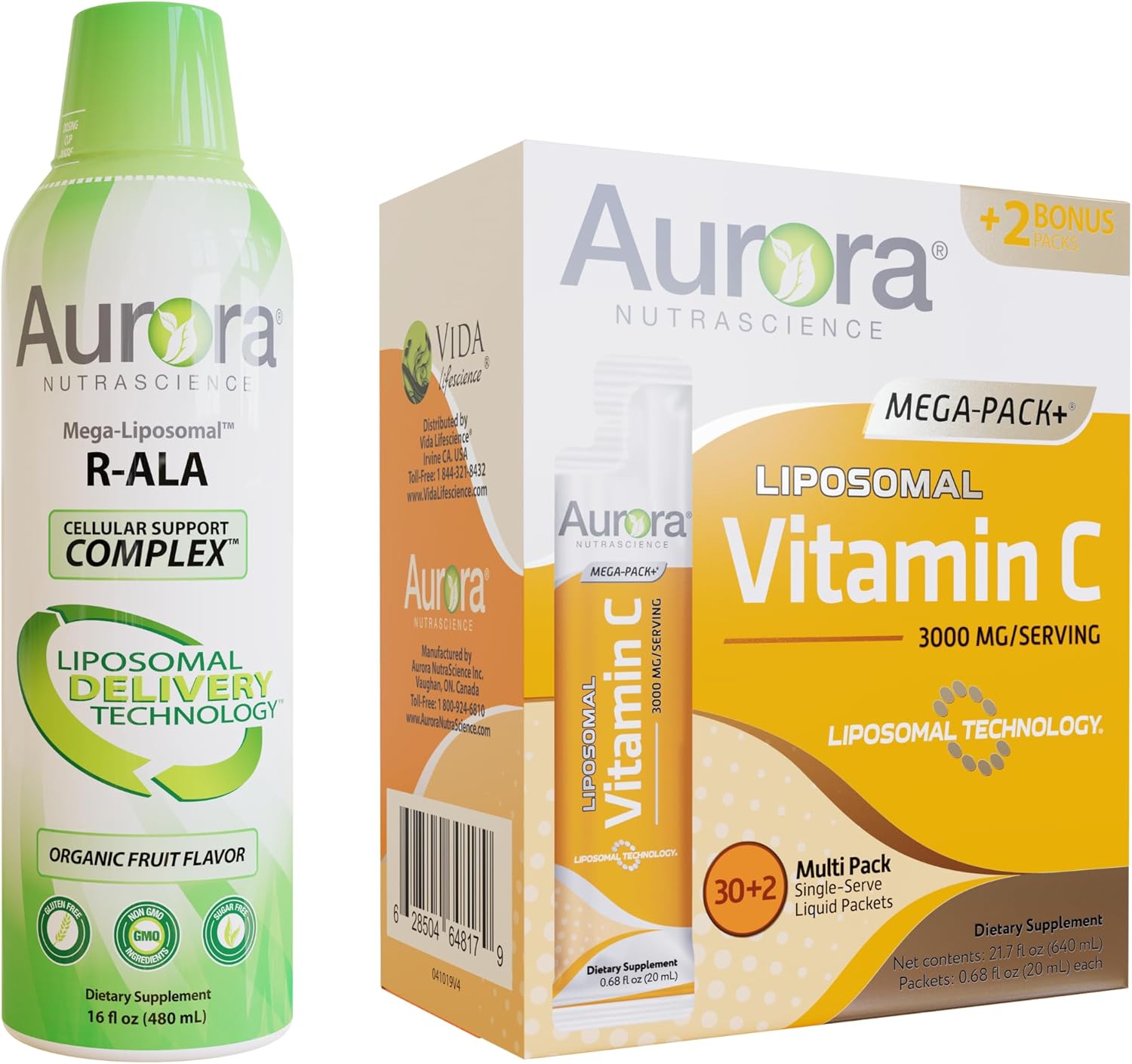 Bundle of Vida Lifescience Aurora Nutrascience Mega-Liposomal R-ALA, CoQ10, L-Carnitine Complex, and Vitamin C, 3,000 mg