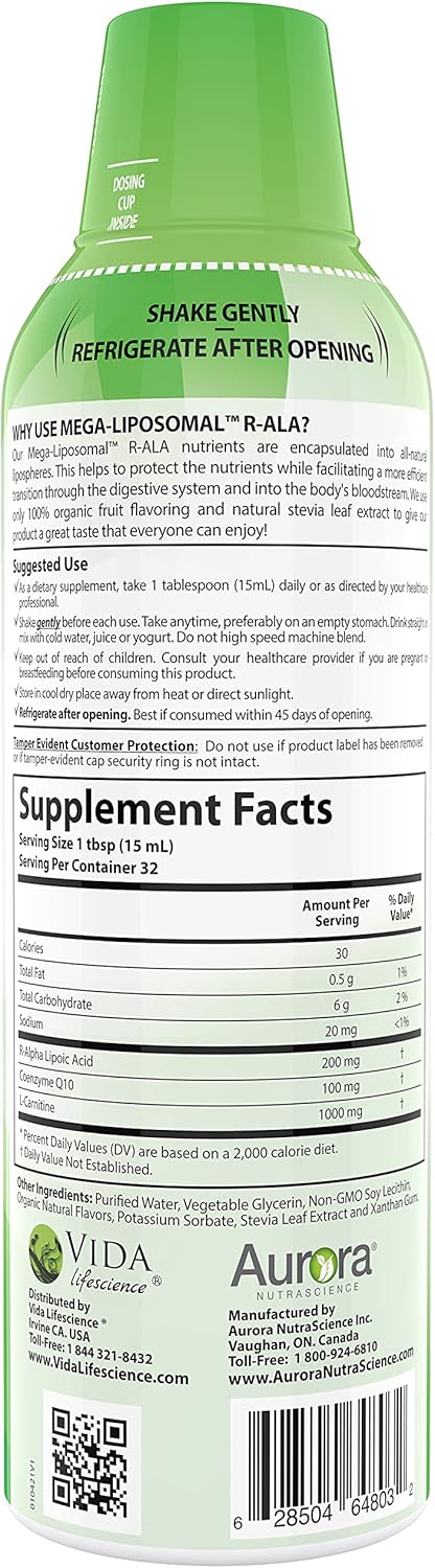 Bundle of Vida Lifescience Aurora Nutrascience Mega-Liposomal R-ALA, CoQ10, L-Carnitine Complex, and Vitamin C, 3,000 mg