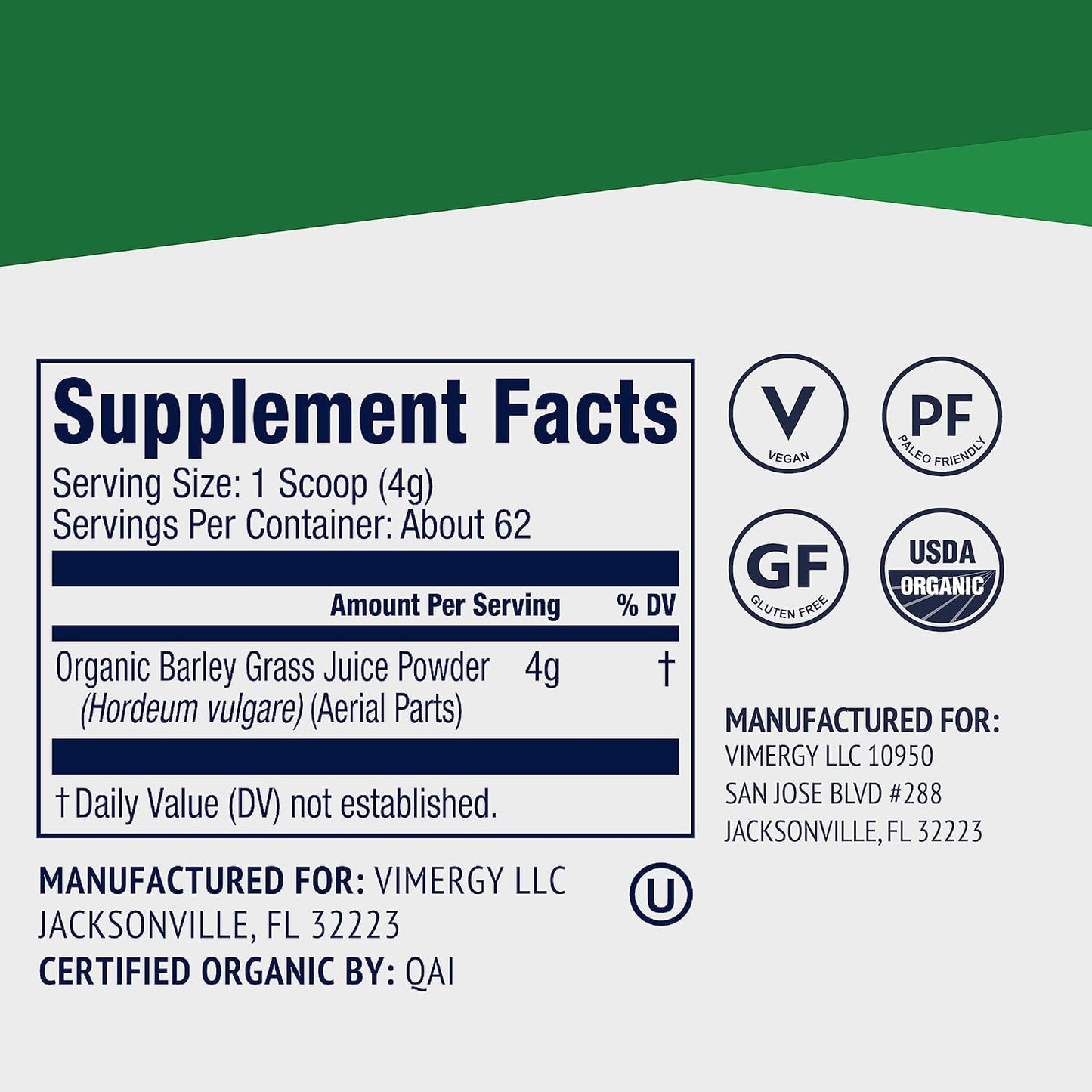 Bundle of Vimergy USDA Organic Barley Grass Juice Powder (62 Servings) and Natural Spirulina Powder (45 Servings)