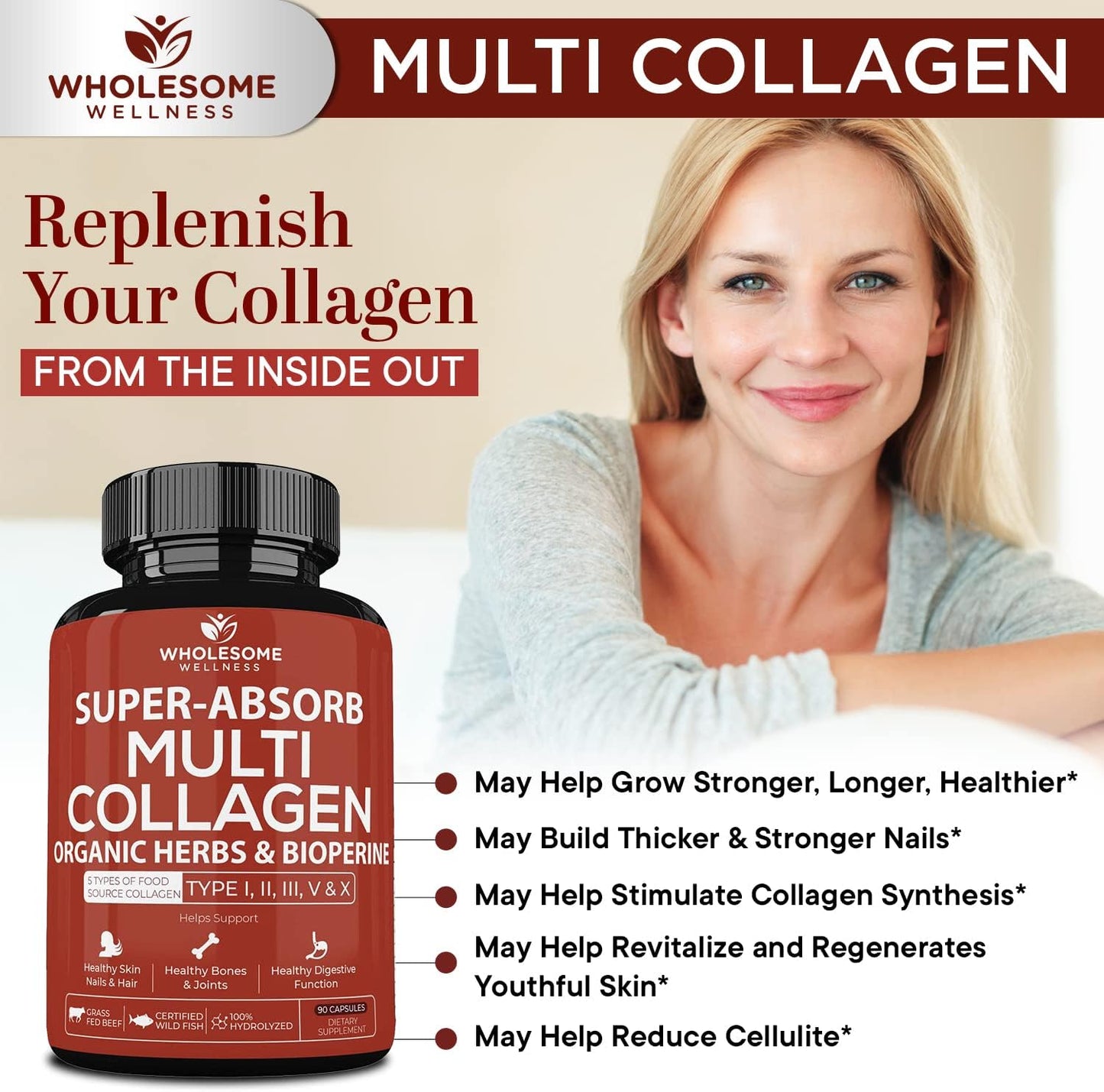 Bundle of Wholesome Wellness Multi Collagen Protein Powder and Super-Absorb Multi Collagen Pills - Type I, II, III, V, X
