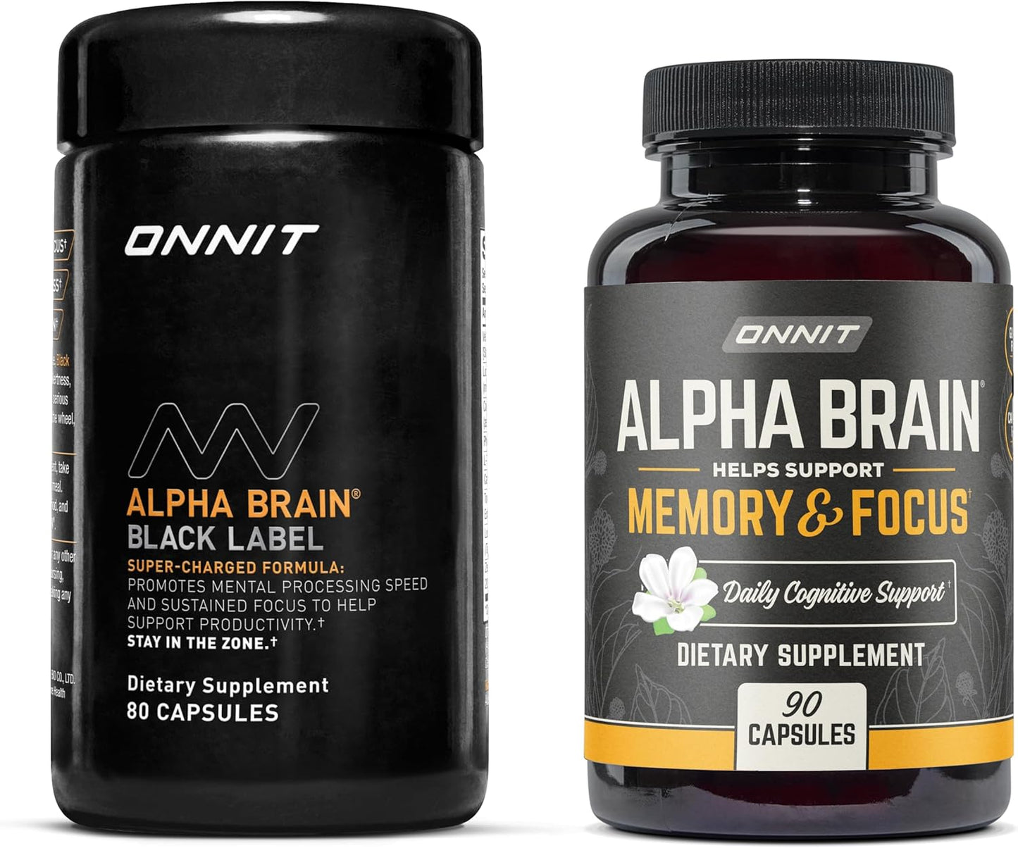 Bundle: ONNIT Premium Alpha Brain & Black Label Citicoline Supplements - Nootropic Mental Speed & Cognitive Support for Focus & Memory