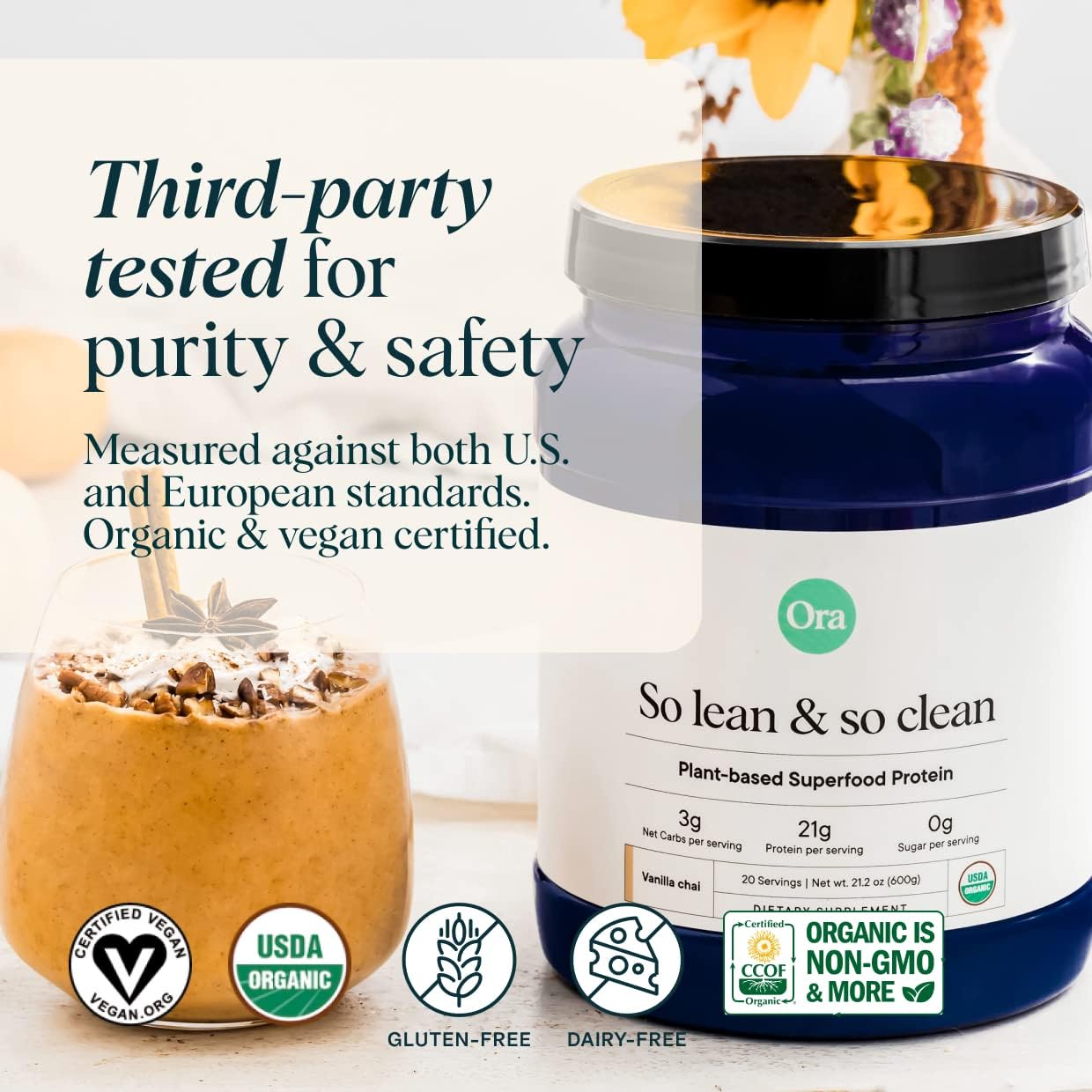 Bundle: Ora Organic Vegan Protein Powder Vanilla Chai & Chocolate - 21g Plant Based Protein Powder, Vanilla Chai Flavor, 20 Servings + 22g Chocolate Flavor, 20 Servings