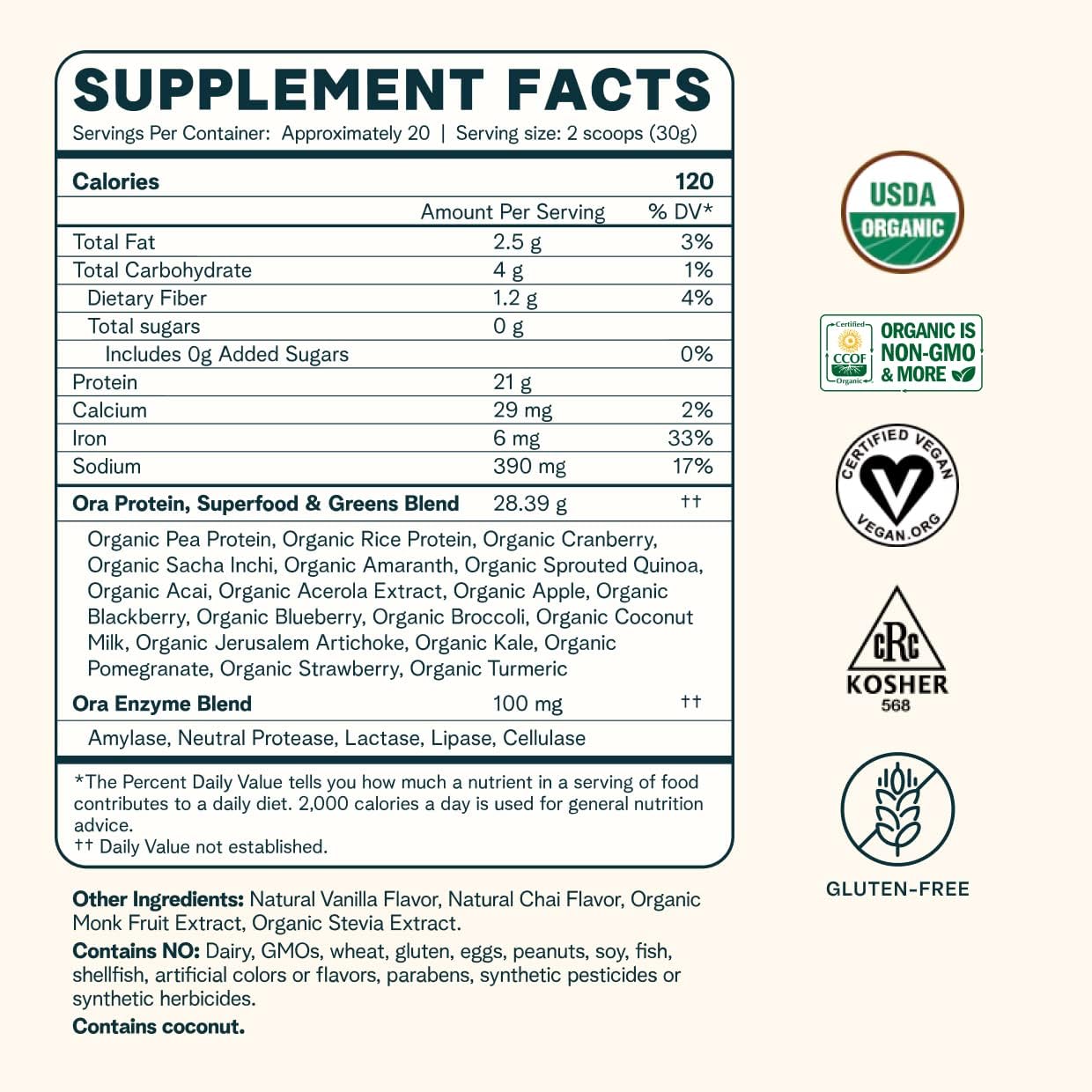 Bundle: Ora Organic Vegan Protein Powder Vanilla Chai & Chocolate - 21g Plant Based Protein Powder, Vanilla Chai Flavor, 20 Servings + 22g Chocolate Flavor, 20 Servings