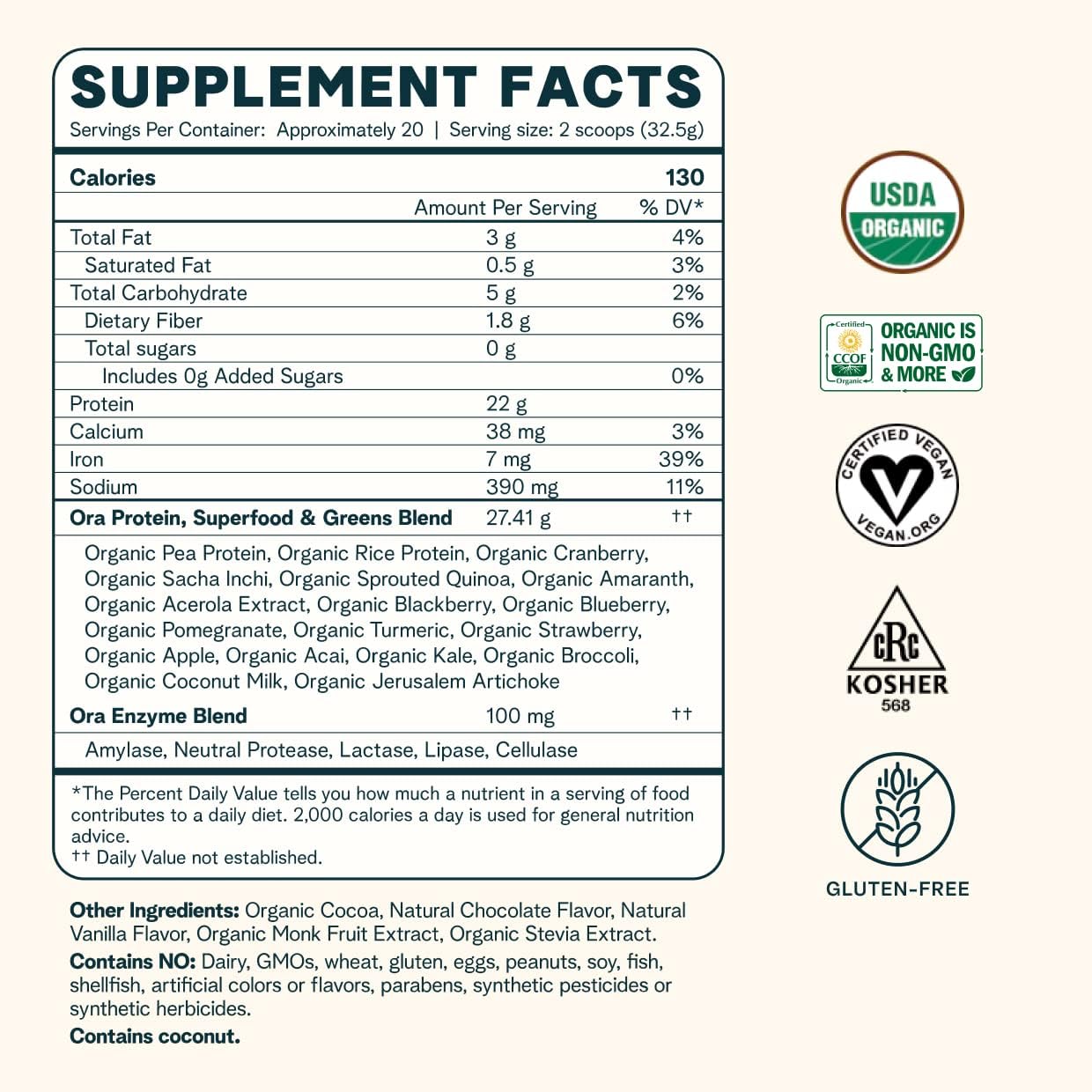 Bundle: Ora Organic Vegan Protein Powder Vanilla Chai & Chocolate - 21g Plant Based Protein Powder, Vanilla Chai Flavor, 20 Servings + 22g Chocolate Flavor, 20 Servings
