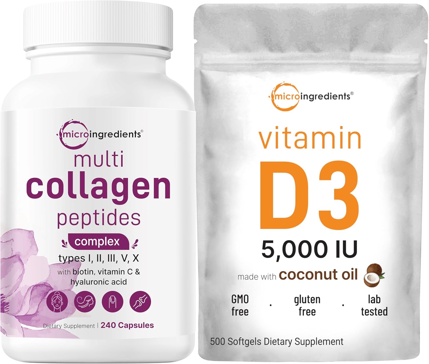 Bundle Pack: Micro Ingredients Multi Collagen Pills & Vitamin D3 5,000 IU | Grass-Fed Collagen Peptides with Cholecalciferol