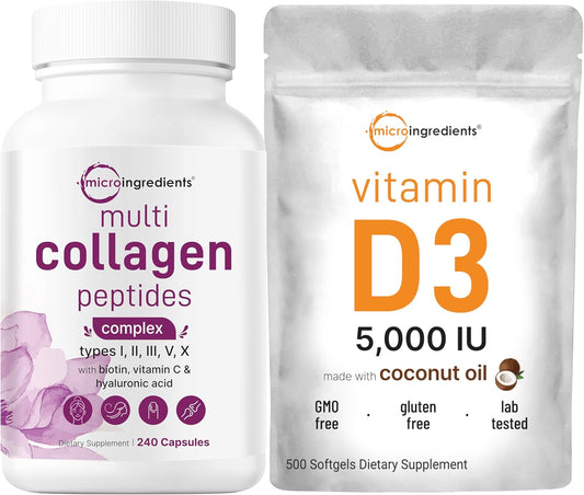 Bundle Pack: Micro Ingredients Multi Collagen Pills & Vitamin D3 5,000 IU | Grass-Fed Collagen Peptides with Cholecalciferol