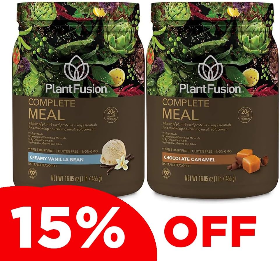 Bundle: PlantFusion Complete Meal - Vegan Pea Protein Powder, Gluten Free, Non-Dairy, Non-GMO - Vanilla & Chocolate Caramel 1 LB