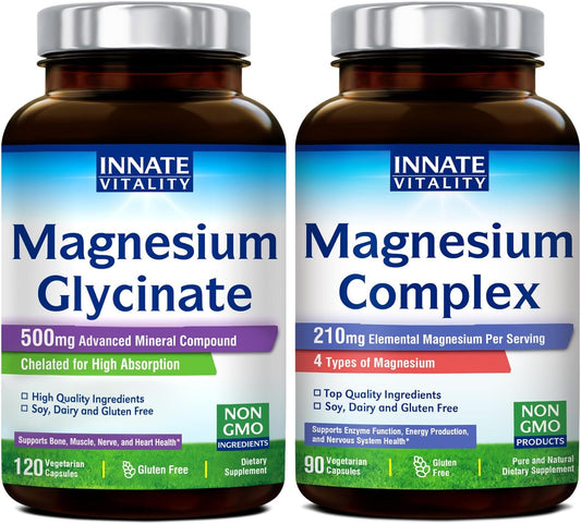 Bundle & Save on Innate Vitality Magnesium Glycinate & Complex: Non-GMO, Gluten-Free, Vegan - 120 Caps of Mg Glycinate & 90 Caps of Mg Complex - Value Pack