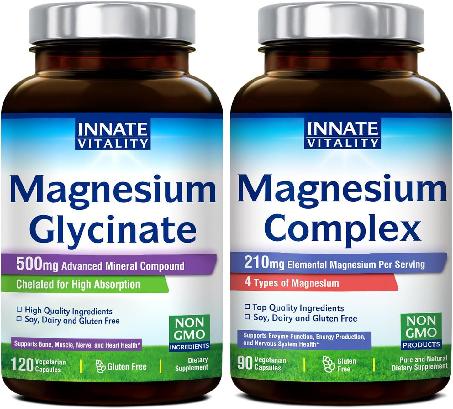 Bundle & Save on Innate Vitality Magnesium Glycinate & Complex: Non-GMO, Gluten-Free, Vegan - 120 Caps of Mg Glycinate & 90 Caps of Mg Complex - Value Pack