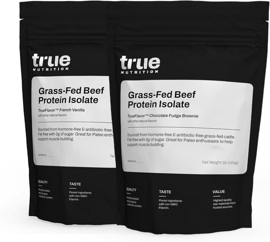 Bundle: True Nutrition Grass Fed Beef Protein Isolate Powder - 29g Paleo, Keto, Carnivore Beef - Zero Carb, Fat Free - Chocolate Fudge & Vanilla - 2lbs