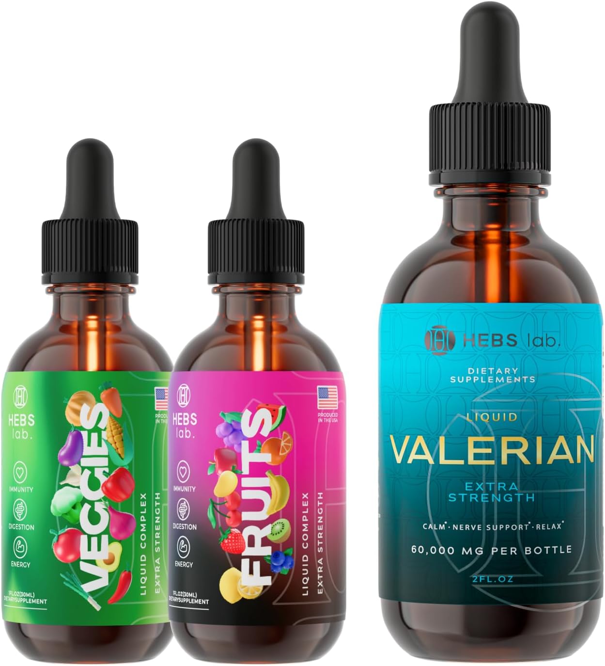 Bundle: Valerian Root Extract & Multivitamin Fruits/Vegetables - Immune Boost & Calmness Support by HEBS LAB