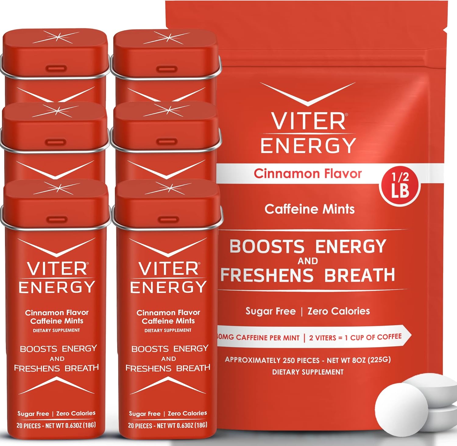 Bundle: Viter Energy Cinnamon Caffeine Mints - 6 Pack + 1/2 Pound Bulk Bag - 40mg Caffeine, B Vitamins, Sugar Free, Vegan - Energy Booster for Focus & Alertness