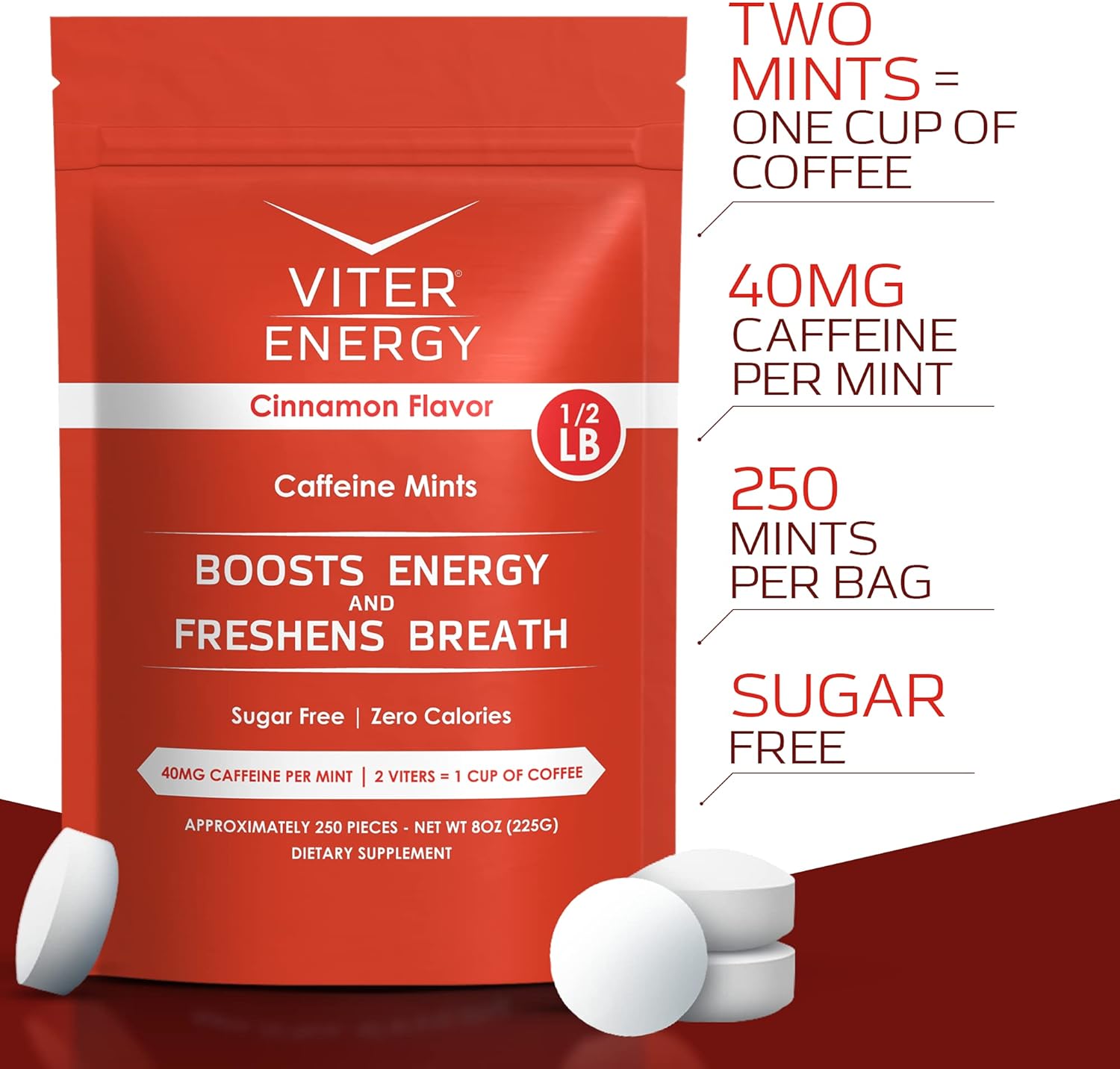 Bundle: Viter Energy Cinnamon Caffeine Mints - 6 Pack + 1/2 Pound Bulk Bag - 40mg Caffeine, B Vitamins, Sugar Free, Vegan - Energy Booster for Focus & Alertness