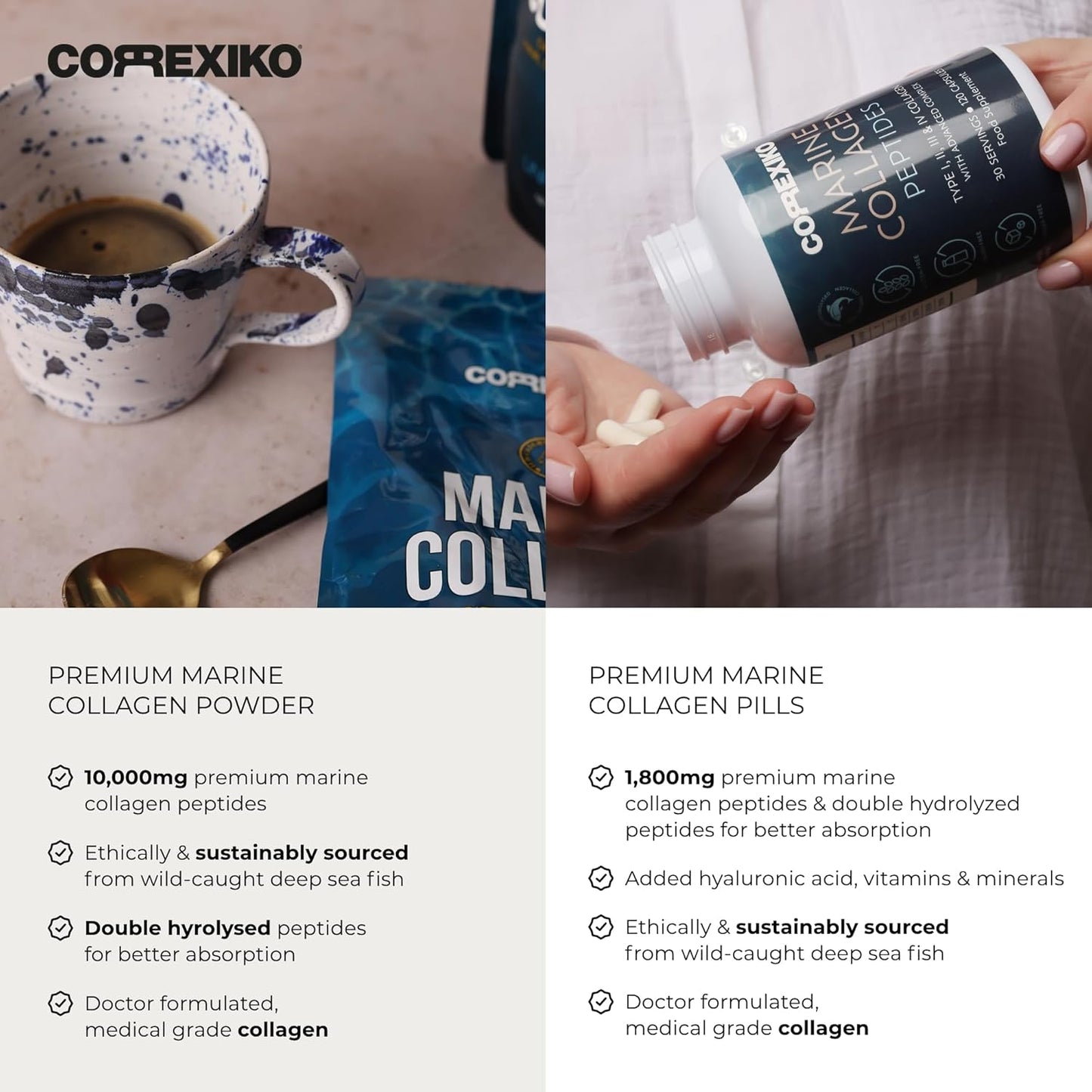 Bundle with CORREXIKO Marine Collagen Powder & Capsules - 10,000mg Hydrolyzed Collagen Powder & 1800mg Peptides - Hair, Skin & Nails Support