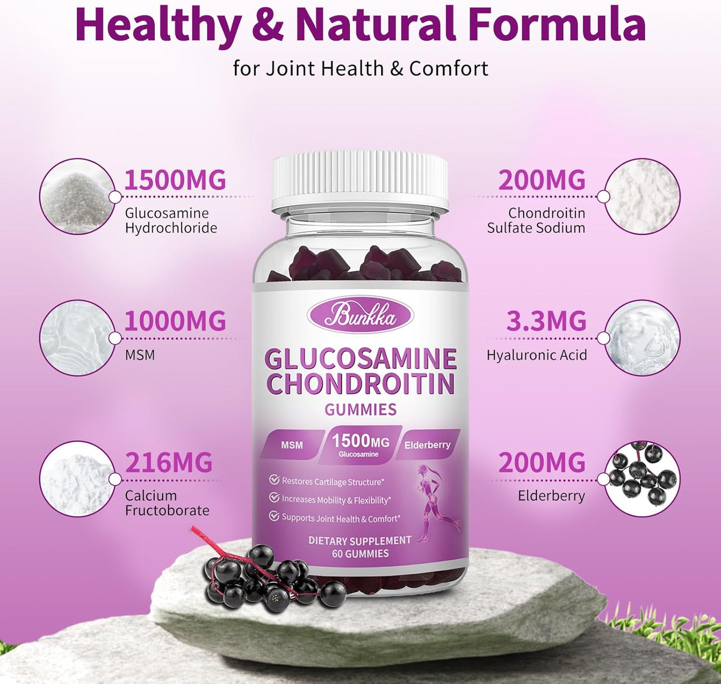 Bunkka 2 Pack Joint Support Gummies with MSM, Elderberry, and Hyaluronic Acid - Chewable Antioxidant Supplement for Men, Women, and Adults - Extra Strength Glucosamine Chondroitin for Comfort & Mobility