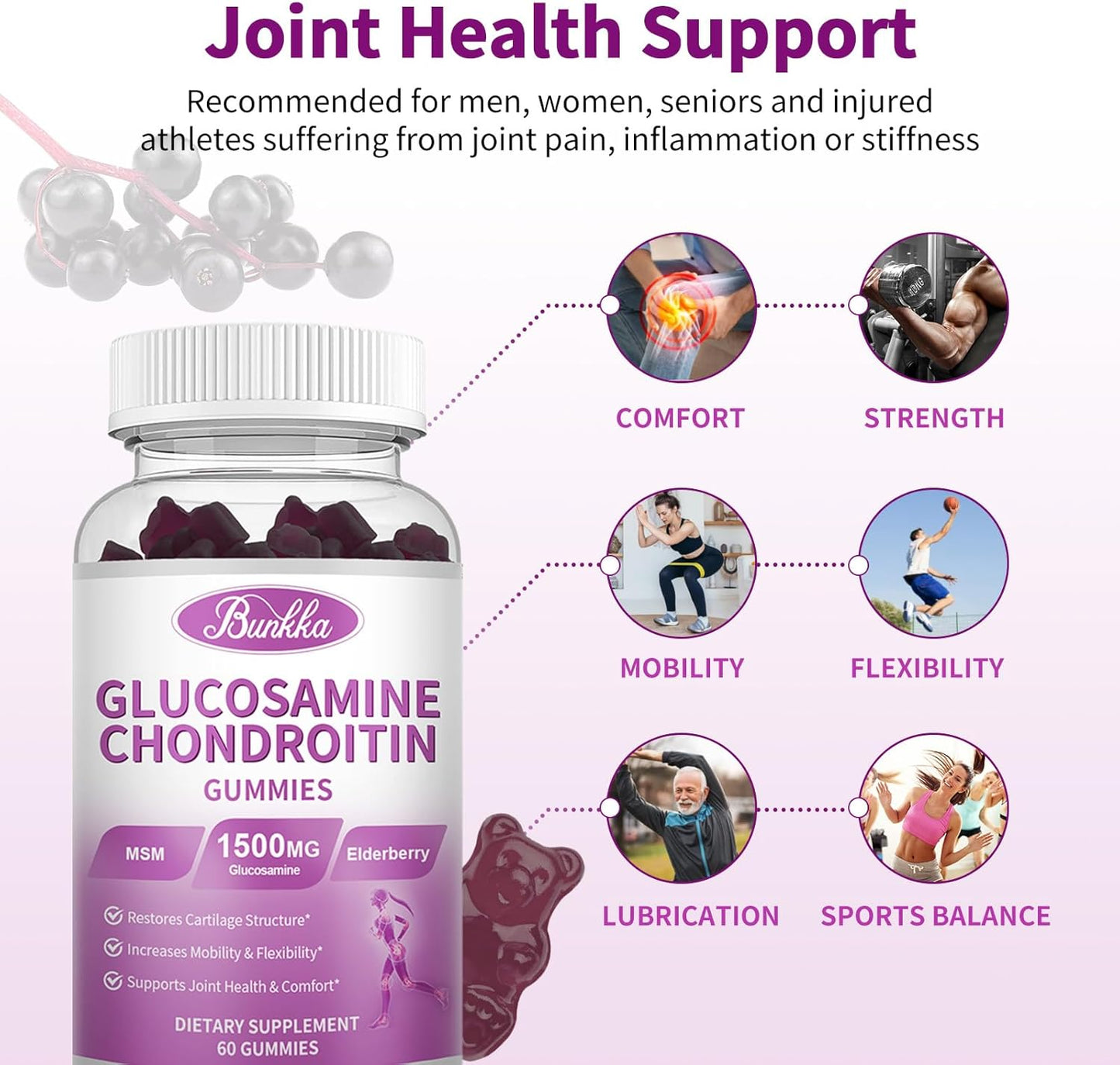 Bunkka 2 Pack Joint Support Gummies with MSM, Elderberry, and Hyaluronic Acid - Chewable Antioxidant Supplement for Men, Women, and Adults - Extra Strength Glucosamine Chondroitin for Comfort & Mobility