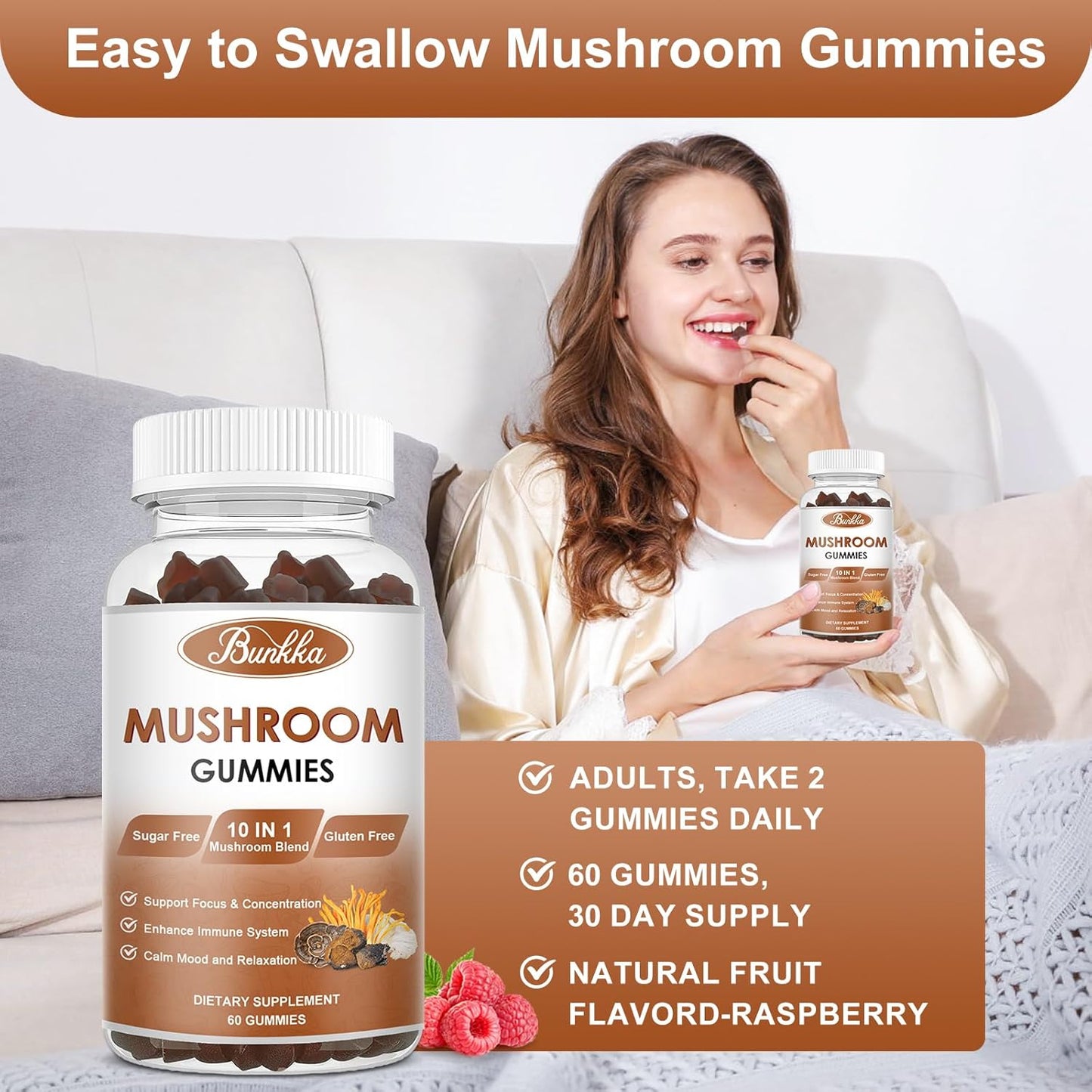 Bunkka Balance Mushroom Gummies - Immune Support & Energy Supplement for Men & Women - 10 Mushroom Blend with Lions Mane, Reishi, Cordyceps, Chaga - 60 Gummies, 1200mg