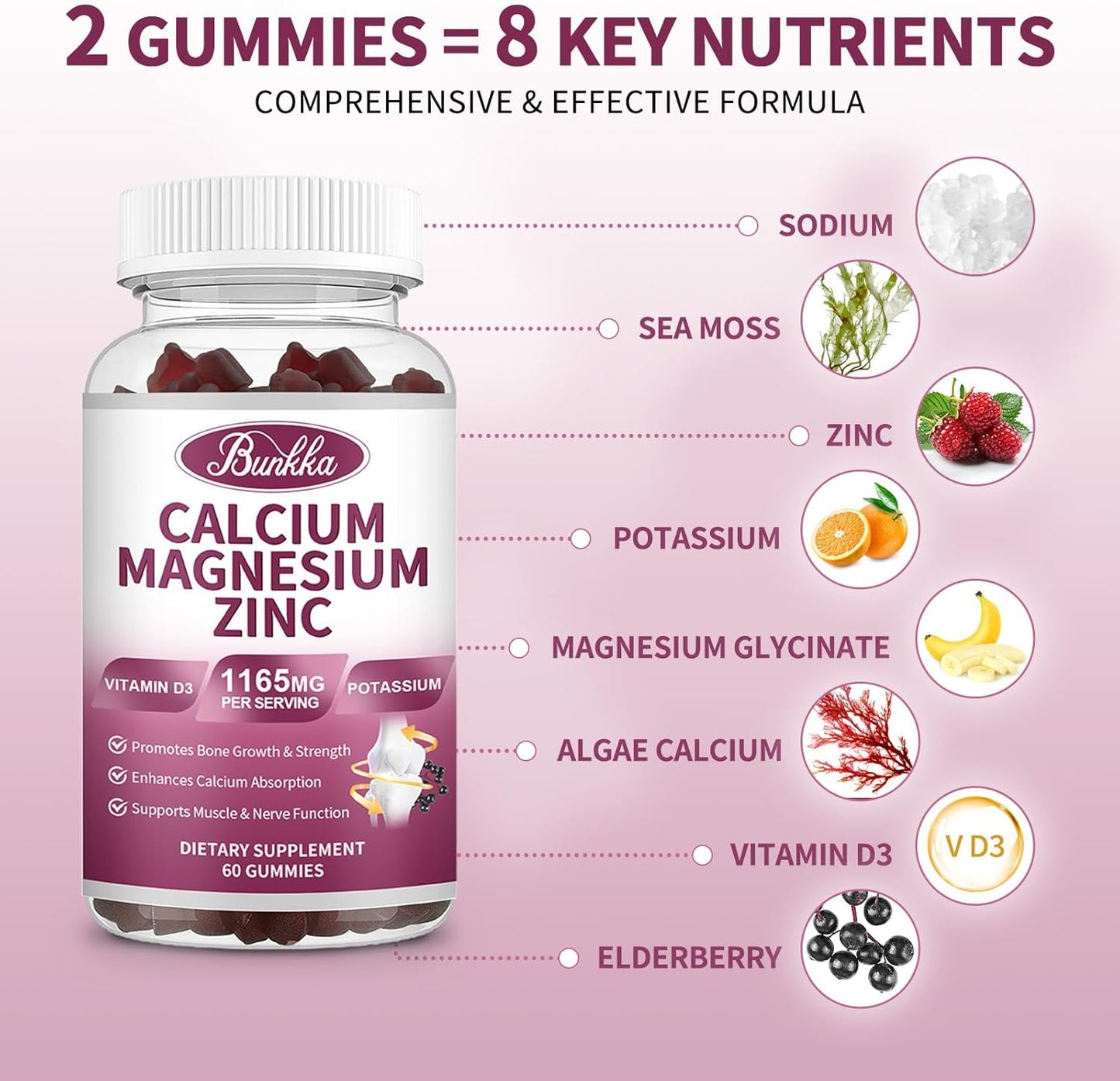 Bunkka Calcium Magnesium Zinc Gummies with 200mg Magnesium Glycinate, Potassium, D3, Sea Moss - Mood & Sleep Support for Kids & Adults (2 Pack)