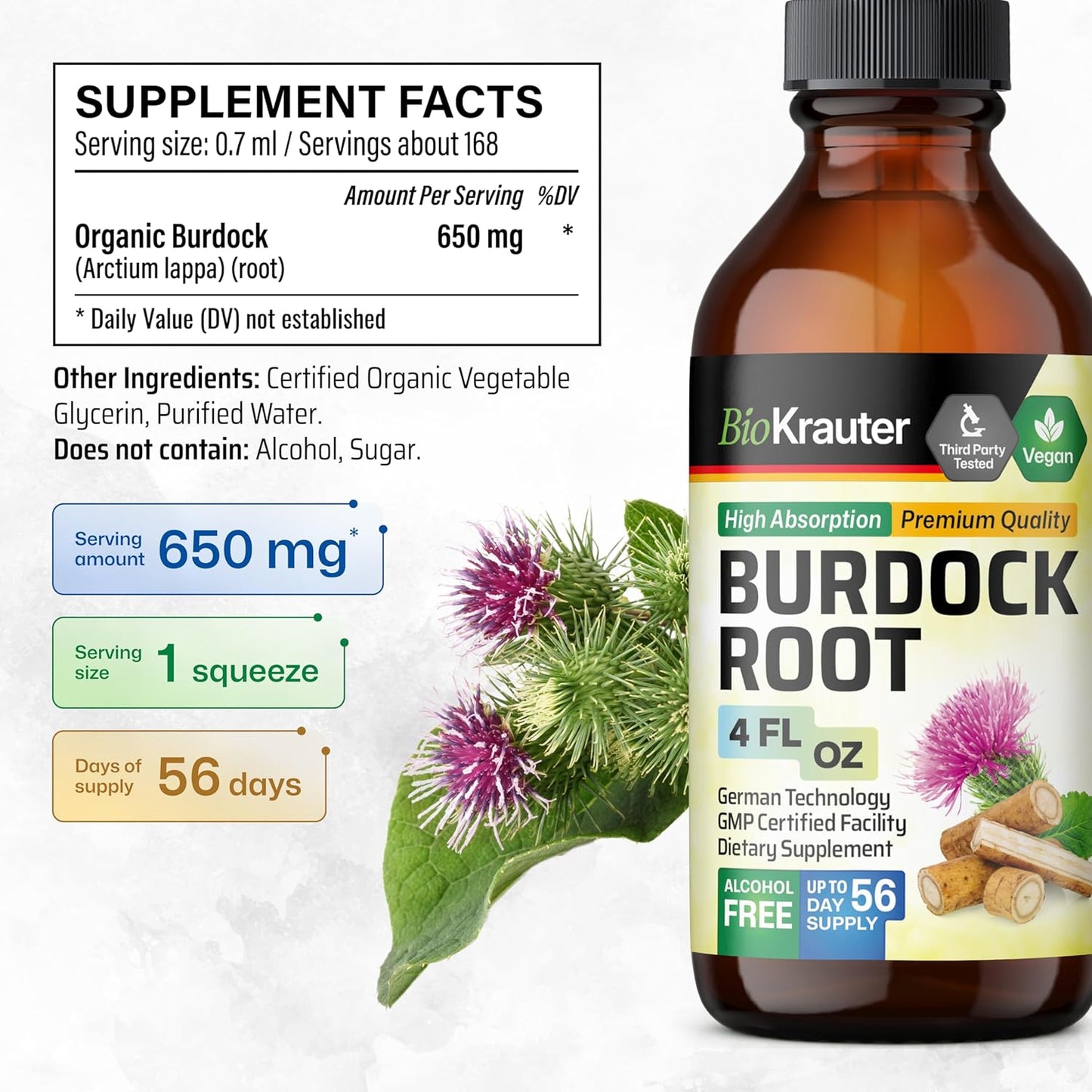 Burdock Root Tincture Liquid Supplement - Antioxidant Support - Vegan Extract Drops - Alcohol & Sugar Free - 4 Fl.Oz.