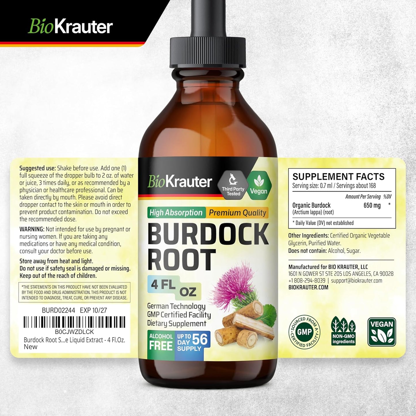 Burdock Root Tincture Liquid Supplement - Antioxidant Support - Vegan Extract Drops - Alcohol & Sugar Free - 4 Fl.Oz.