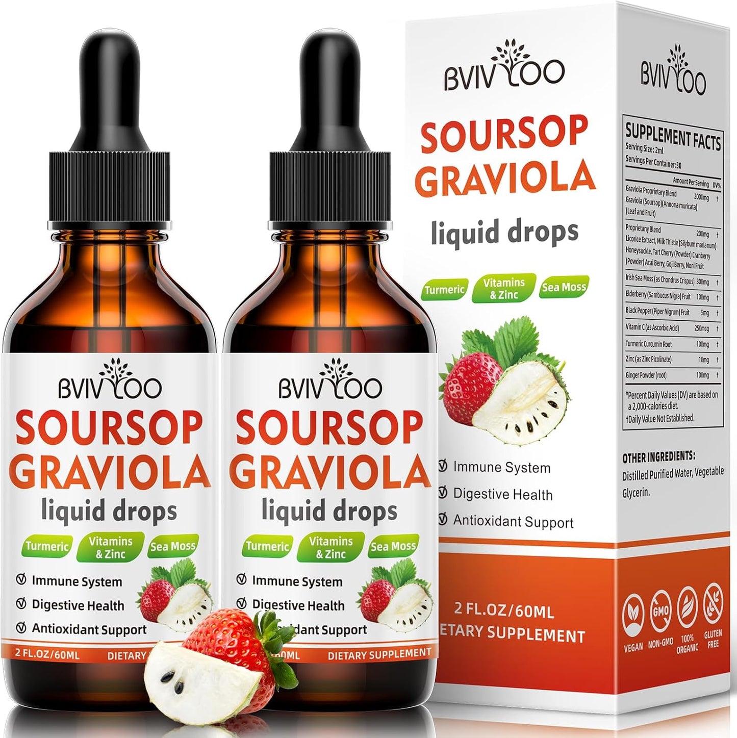 BVIVLOO Soursop Graviola Liquid Drops - Cell Support, Immune Boost, Liver & Sleep Aid - Natural Strawberries Flavor - 4 Fl Oz Bottle