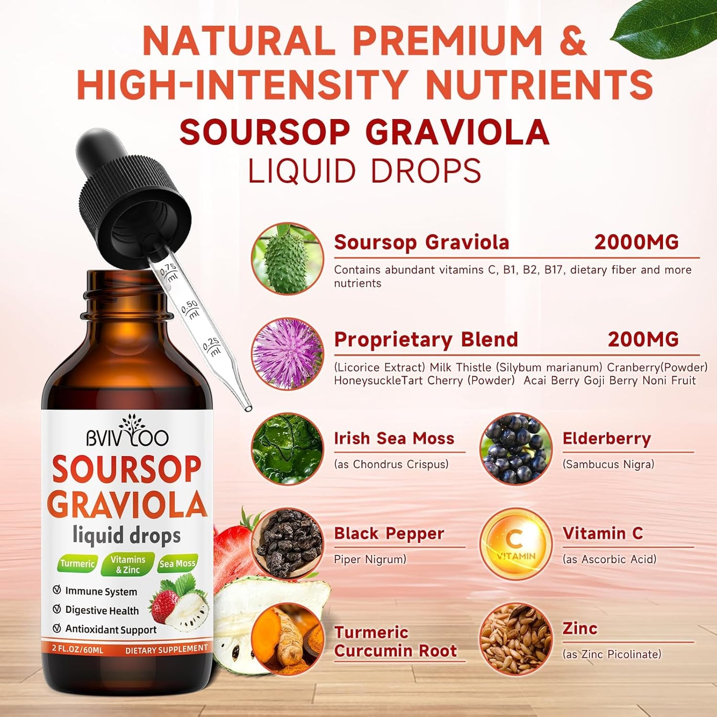 BVIVLOO Soursop Graviola Liquid Drops - Cell Support, Immune Boost, Liver & Sleep Aid - Natural Strawberries Flavor - 4 Fl Oz Bottle
