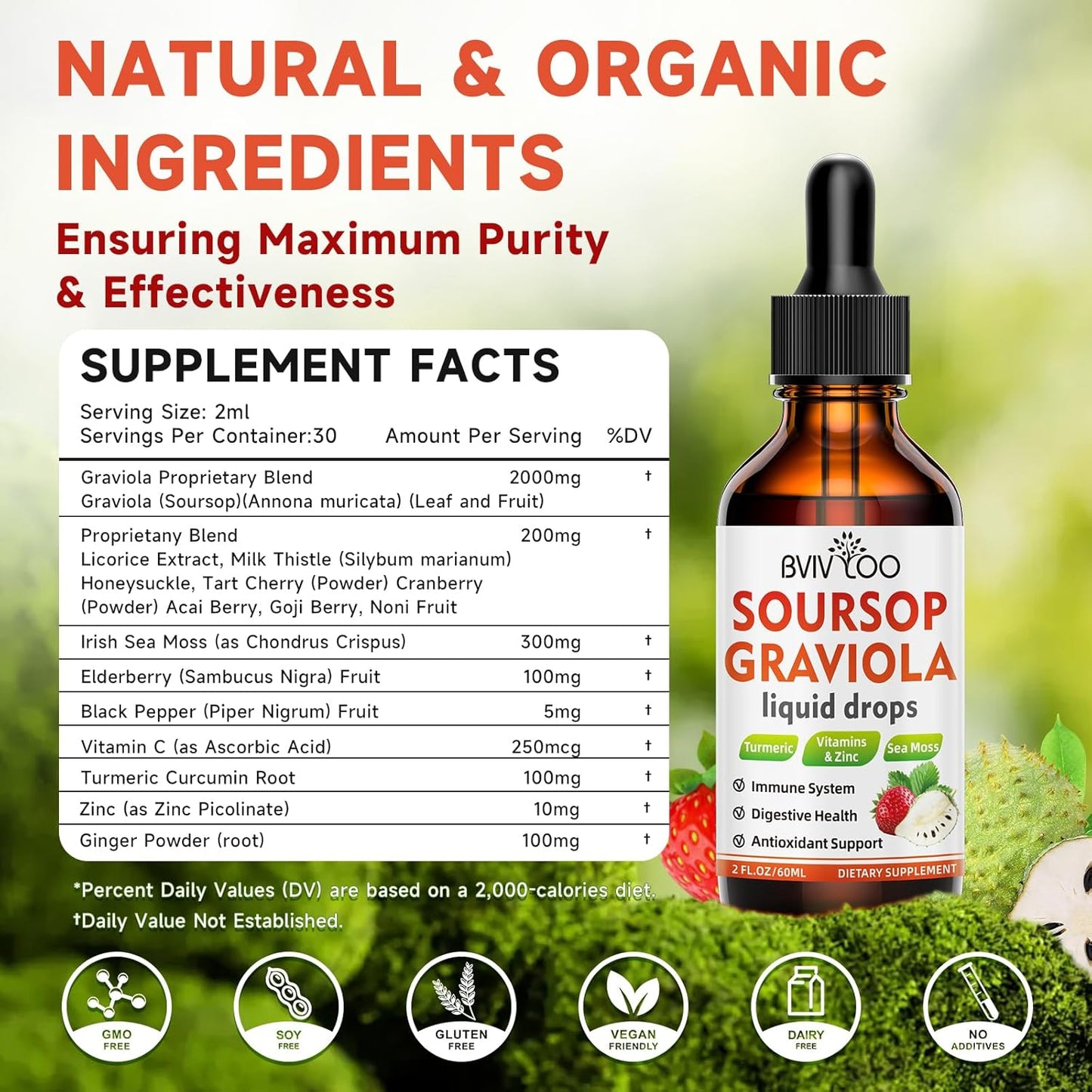 BVIVLOO Soursop Graviola Liquid Drops - Cell Support, Immune Boost, Liver & Sleep Aid - Natural Strawberries Flavor - 4 Fl Oz Bottle