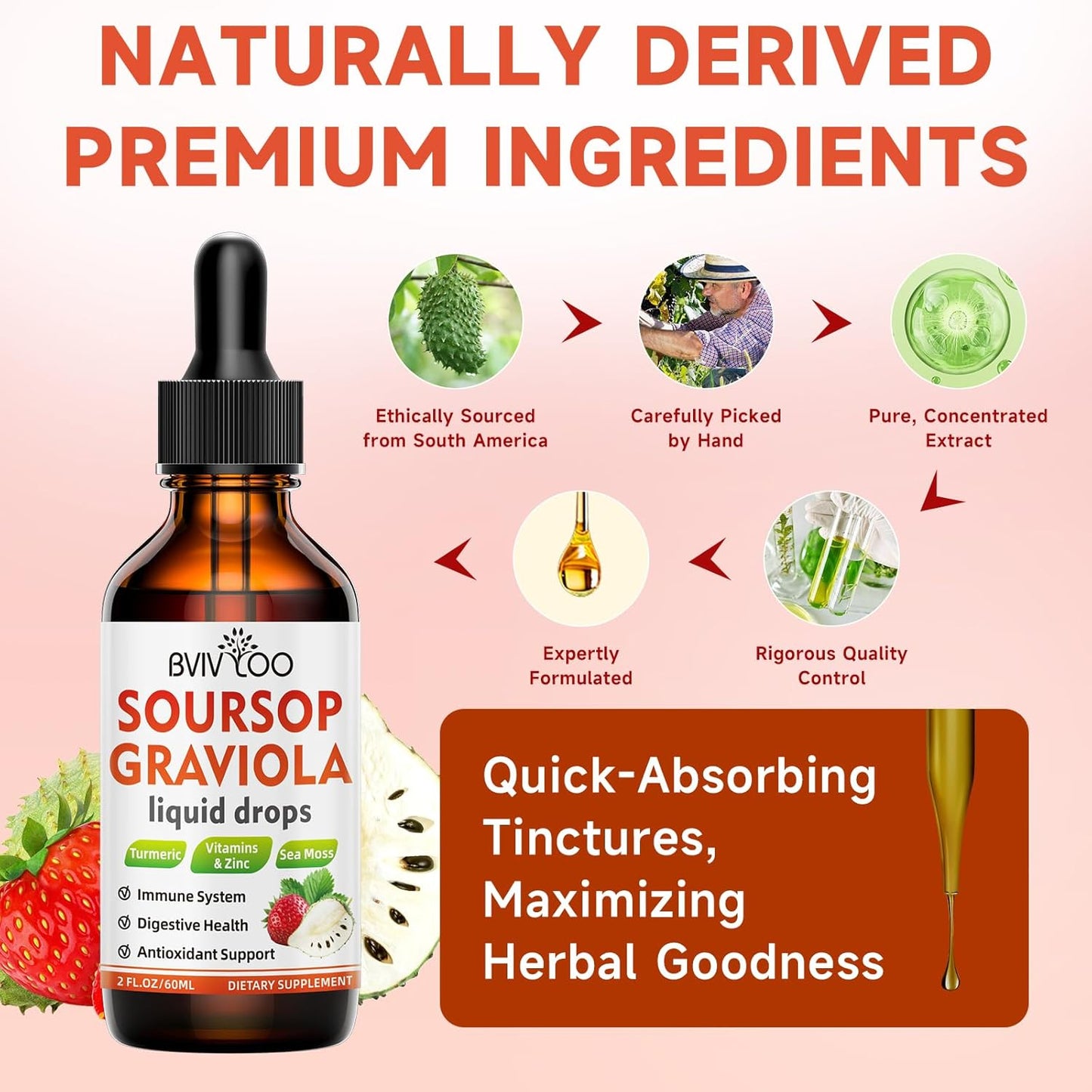 BVIVLOO Soursop Graviola Liquid Drops - Cell Support, Immune Boost, Liver & Sleep Aid - Natural Strawberries Flavor - 4 Fl Oz Bottle