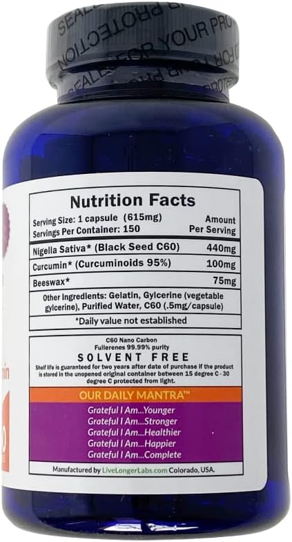 C60live C60 Complete Antioxidant Supplement with Black Seed Oil & Curcumin - 150 Gel Capsules for Longevity & Cognitive Function