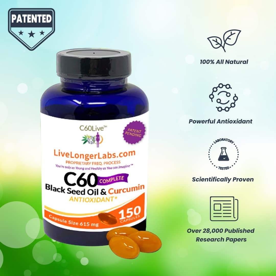 C60live C60 Complete Antioxidant Supplement with Black Seed Oil & Curcumin - 150 Gel Capsules for Longevity & Cognitive Function