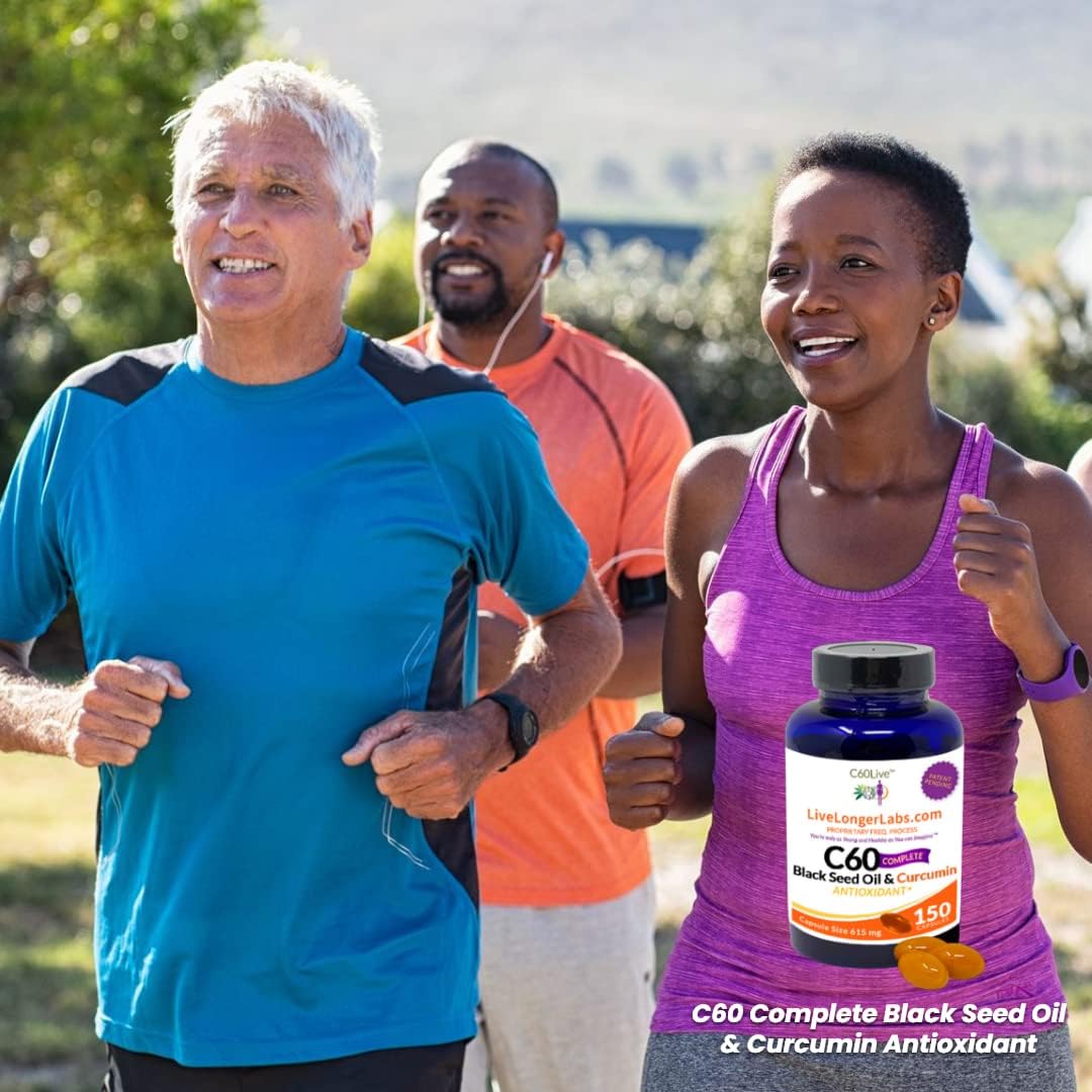 C60live C60 Complete Antioxidant Supplement with Black Seed Oil & Curcumin - 150 Gel Capsules for Longevity & Cognitive Function