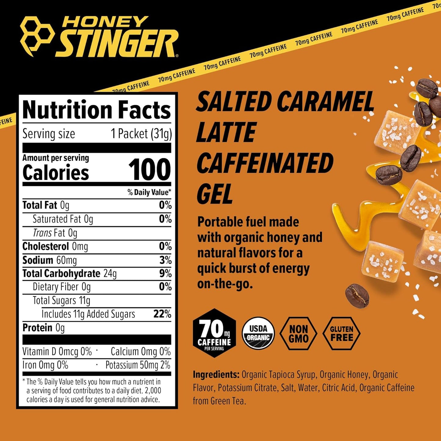 Caffeinated Salted Caramel Energy Gel for Exercise & Running | Gluten-Free Sports Nutrition for Home & Gym | 12 Pack, 13.2 oz