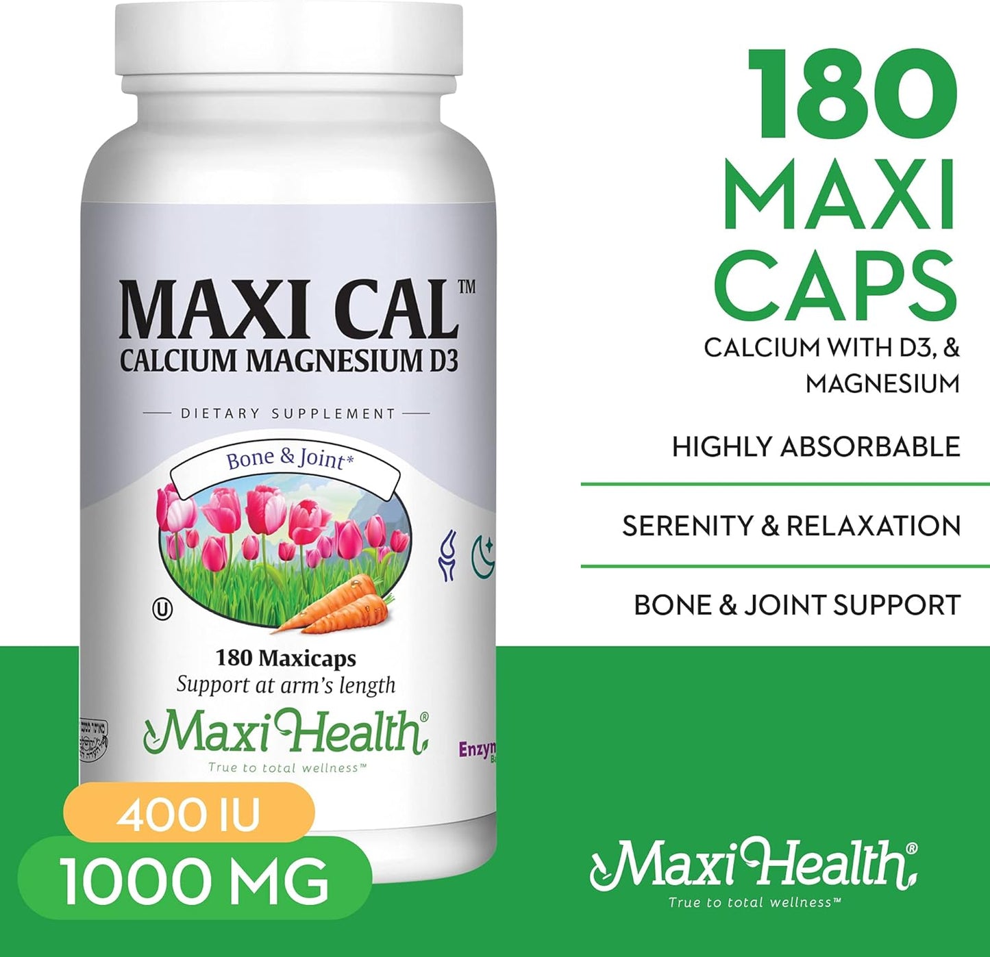 Calcium 1000 mg Supplement with Vitamin D3 and Magnesium - Bone, Teeth, Joint Support - 180 Capsules