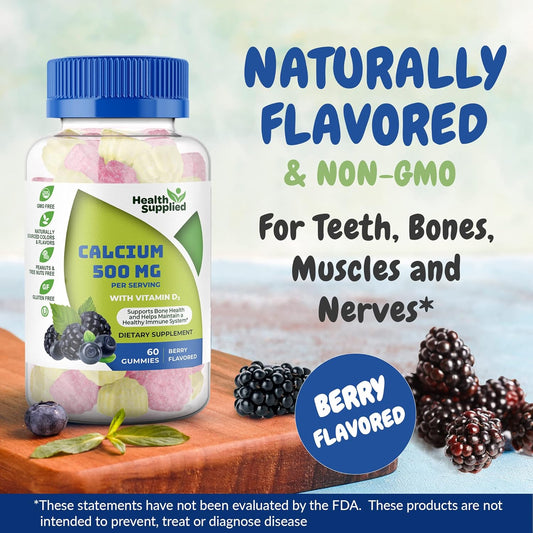 Calcium and Vitamin D3 Gummies for Bone Health and Growth - Natural Berry Flavor - Daily Dietary Supplement for Adults, Teens, and Kids