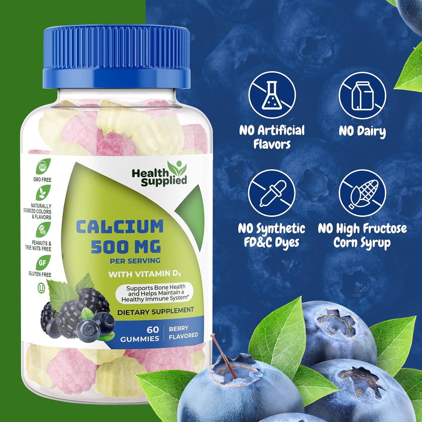 Calcium and Vitamin D3 Gummies for Bone Health and Growth - Natural Berry Flavor - Daily Dietary Supplement for Adults, Teens, and Kids