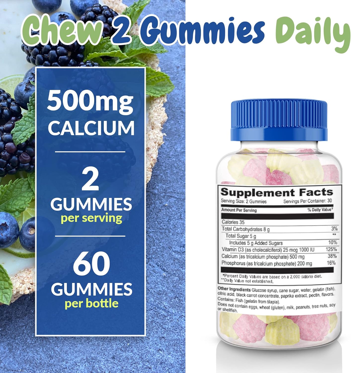 Calcium and Vitamin D3 Gummies for Bone Health and Growth - Natural Berry Flavor - Daily Dietary Supplement for Adults, Teens, and Kids